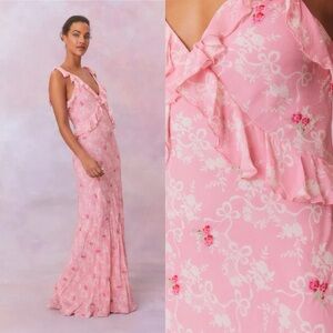 NWT | LOVESHACKFANCY ORCENE PINK EMBROIDERED ROSE FLORAL BOW RUFFLE SLIP DRESS